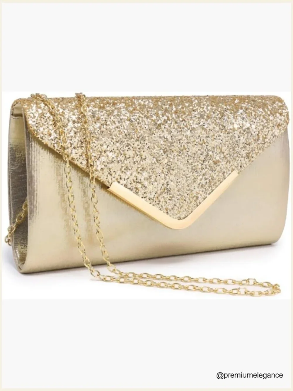 Glitter Envelope Evening Clutch with Chain Strap & Inner Pocket